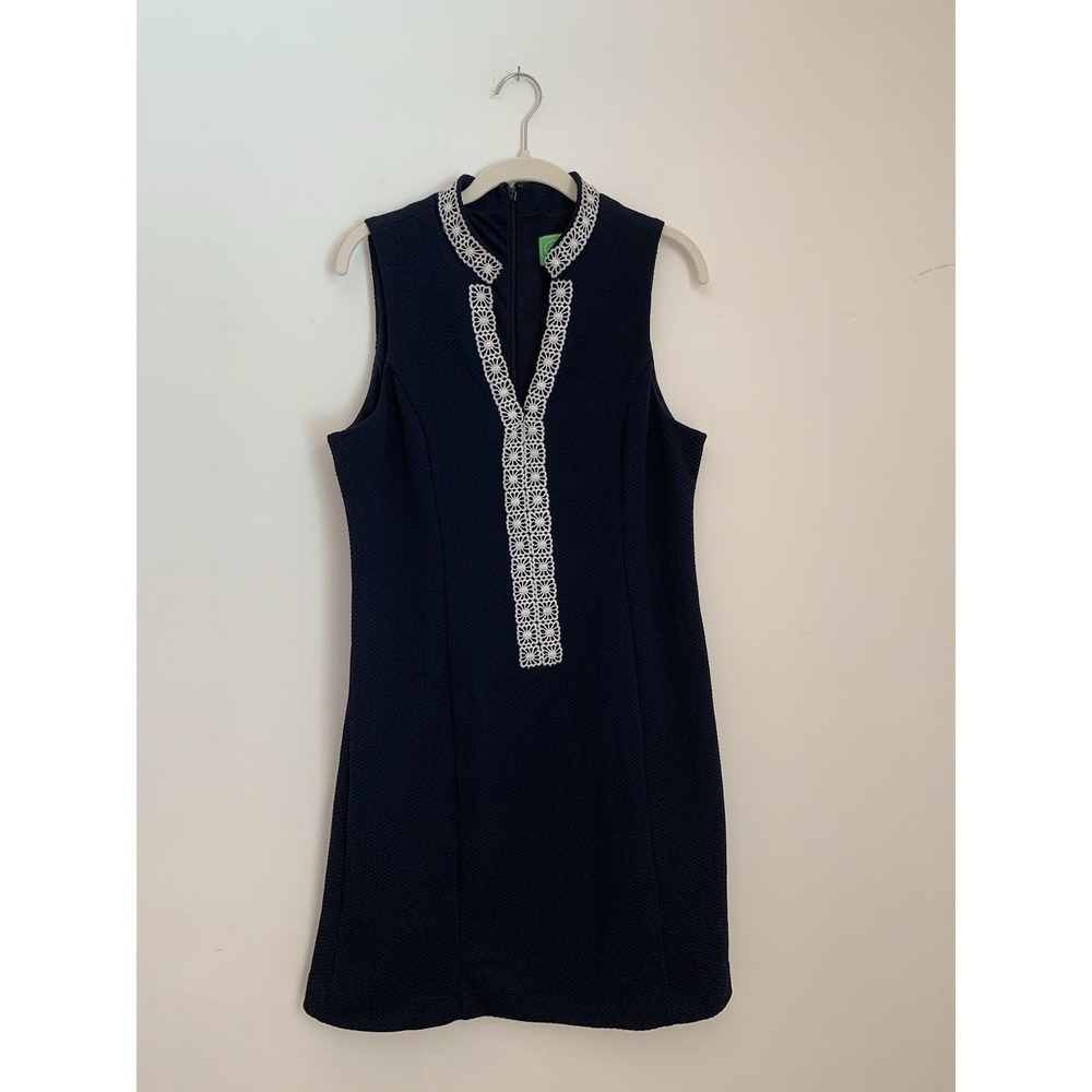 Pappagallo Sheath Dress Sz 10 Navy Blue White Lace Trim Sleeveless Career Preppy - Picture 1 of 10